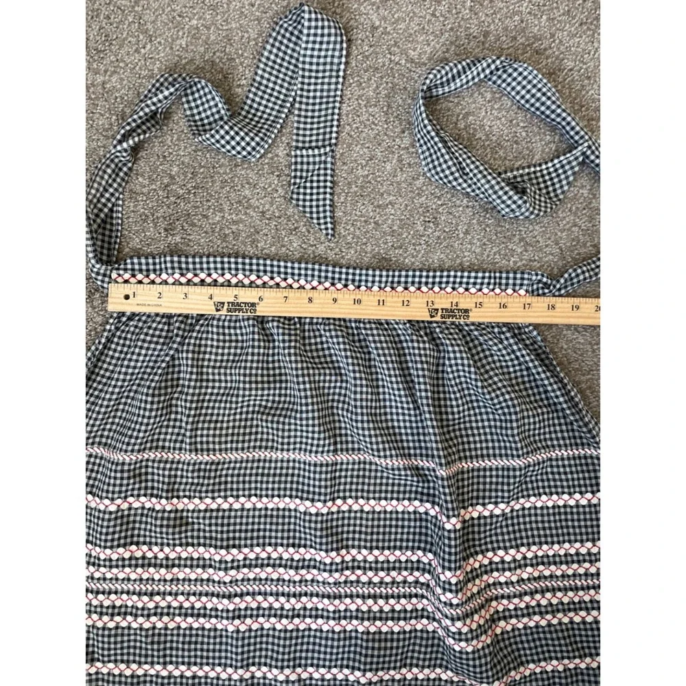 Vintage Handmade Black White Gingham Smocked Half Apron Red Trim Retro 50s Style